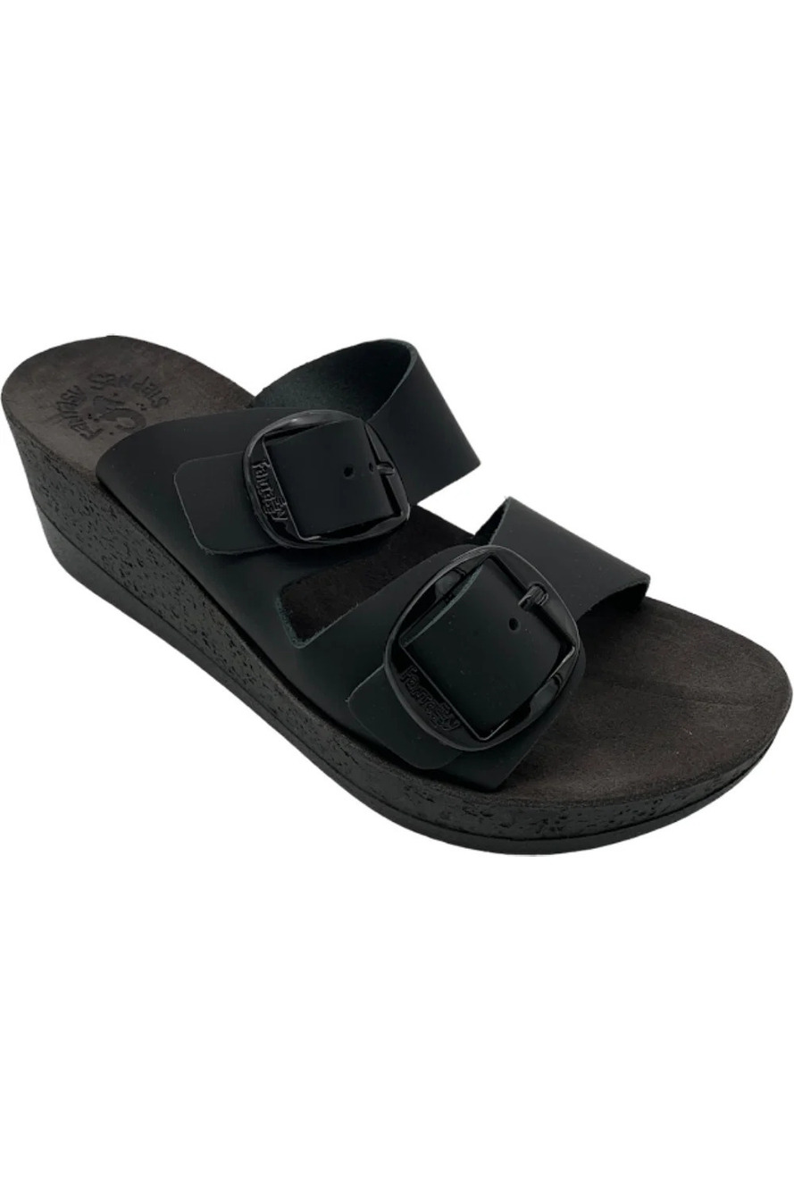 Fantasy Sandals Leather Buckle Wedge Sandals Helena Black - Medium